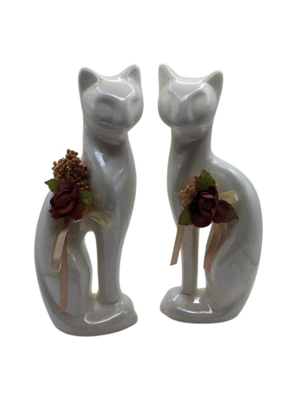 Rosenthal Netter Cat Figurine Set Of 2 Pearlescent White Ceramic Vintage MCM